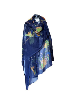 Large blue semi sheer shawl scarf with floral and paisley patterns